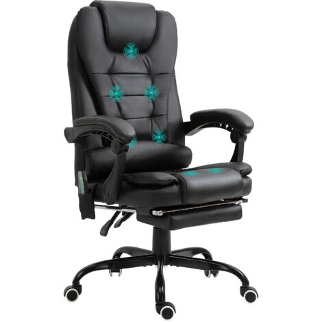 Chaise de Bureau Massante Vinsetto, Repose-Pieds Escamotable, Pivotante, Hauteur Réglable, Dossier Incliné, Noir