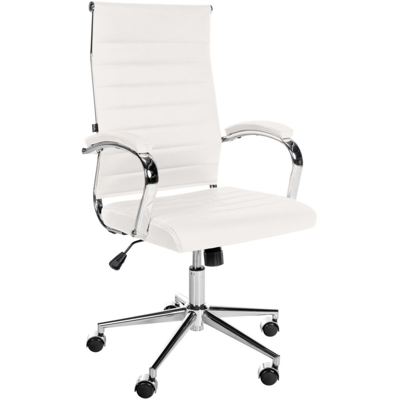 Fauteuil de bureau en cuir véritable blanc surpiqûre horizontale et pieds métal chromé 100002554