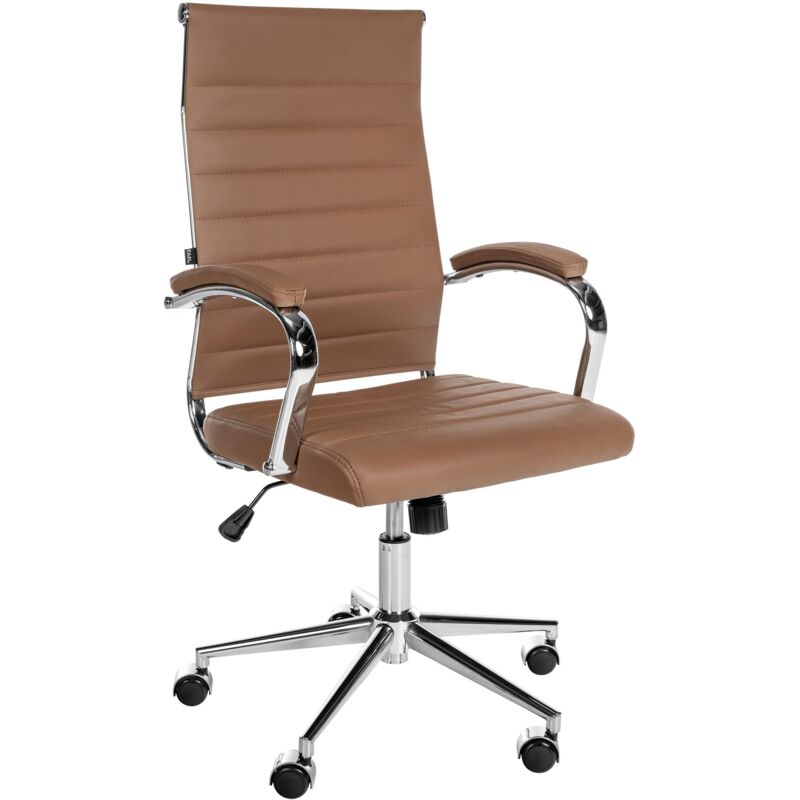 Fauteuil de bureau en cuir véritable marron clair surpiqûre horizontale et pieds métal chromé 100002556