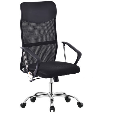 Chaise de bureau noire avec dossier haut en maille et pieds en métal à roulettes - Longueur 60 x Hauteur 115 x Profondeur 63 cm