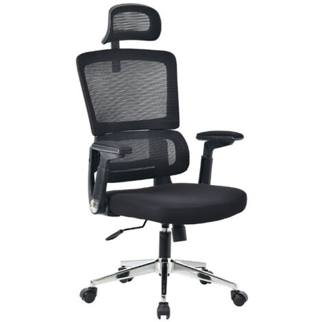 Chaise de bureau noire, Dossier haut avec coussin cervical, pieds en métal à roulettes - Longueur 44 x Hauteur 87 x Profondeur 54 cm