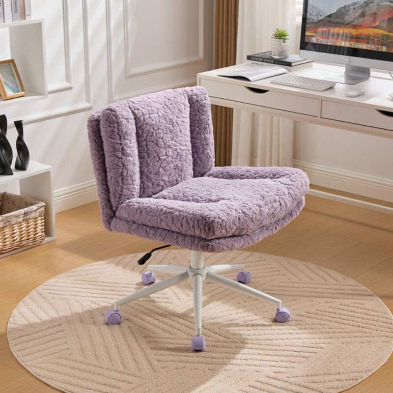 Chaise de bureau pivotante 360° assise large 67 cm, hauteur réglable et bascule, fausse fourrure violette