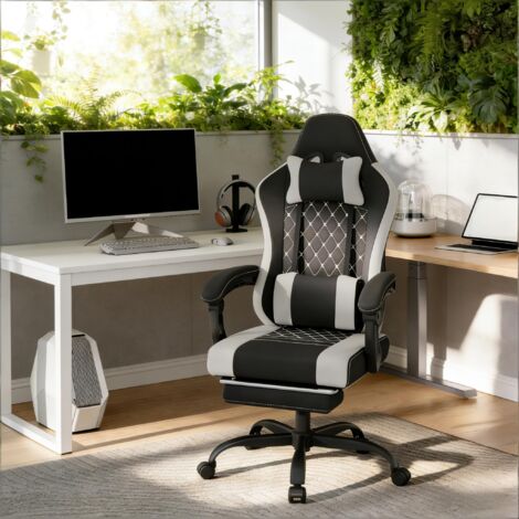 Chaise de bureau pivotante à 360°, avec hauteur réglable, dossier réglable, accoudoirs mobiles, repose-pieds, noir et gris