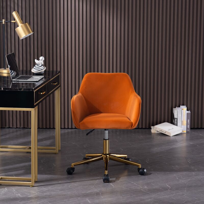 Chaise de bureau pivotante à 360° en velours avec hauteur d'assise réglable,pieds dorés, pour la maison/le bureau - Orange