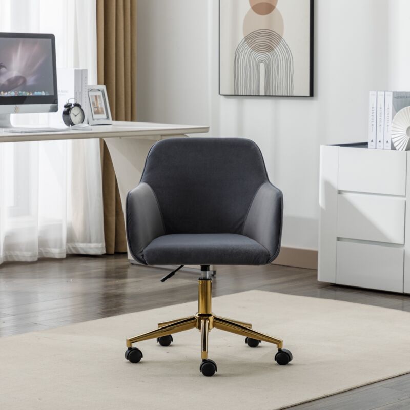 Chaise de bureau pivotante à 360° en velours avec hauteur d'assise réglable,pieds dorés, pour la maison/le bureau - Gris
