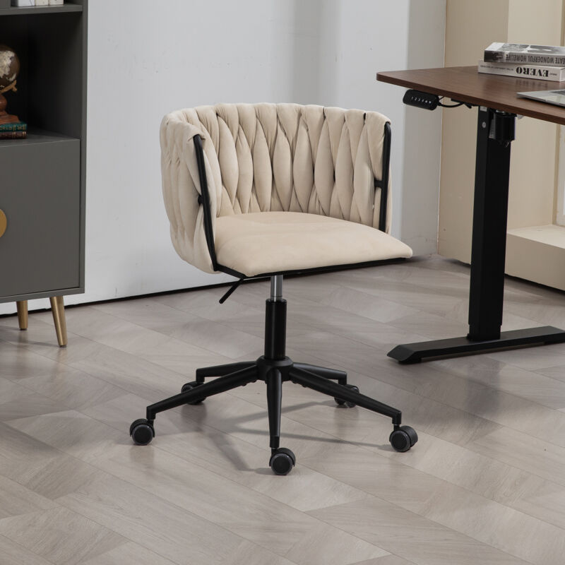 Chaise de bureau, pivotante à 360°, fauteuil moelleux, réglage en hauteur, design tissé, velours, beige