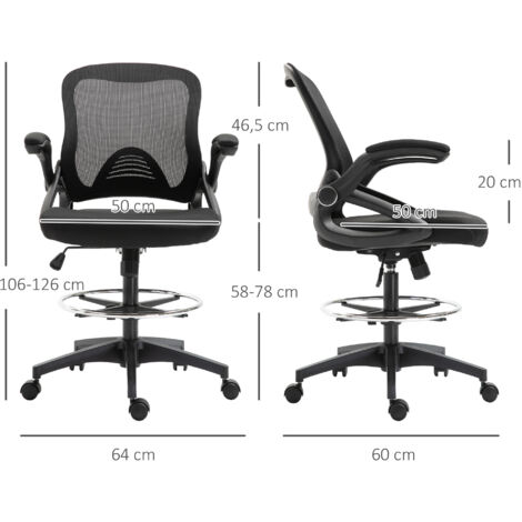 Chaise de bureau pivotante, avec repose-pieds et siège pivotant, en acier noir, 64 x 60 x 106-126 cm