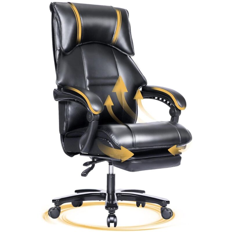 Eifson - Chaise de bureau pivotante, avec repose-pieds, similicuir, dossier haut, accoudoirs rembourrés, charge max. 200 kg, structure en métal – Noir