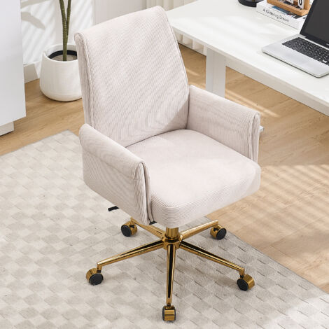 Chaise de bureau pivotante ergonomique, fauteuil avec dossier mi-haut, base dorée, tissu côtelé blanc
