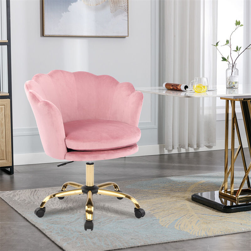 Chaise de bureau pivotante réglable en hauteur, en velours, avec roulettes, pour chambre/bureau, rose + doré