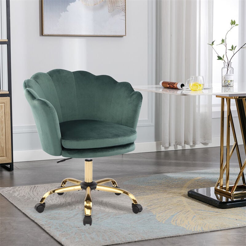 Chaise de bureau pivotante réglable en hauteur, en velours, avec roulettes, pour chambre/bureau, vert + doré