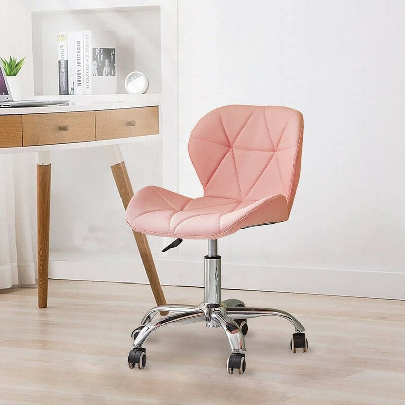 Chaise de bureau pivotante réglable en similicuir rembourré avec roulettes et base chromée, Rosa