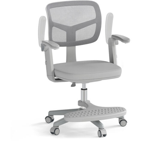Chaise de Bureau pour Enfants avec Hauteur Réglable, Accoudoirs et Repose-pieds, Chaise de Bureau Pivotante avec Roulettes, Gris
