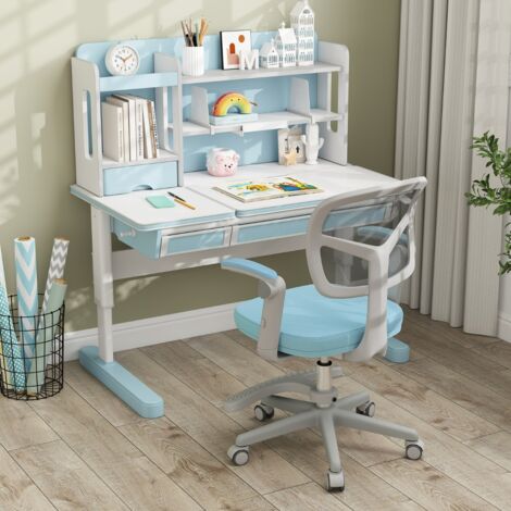 Chaise de Bureau pour Enfants Chaise d'Étude avec Hauteur Réglable Accoudoirs Repose-pieds et Roulettes Universelles pour 3-15 Ans Bleu