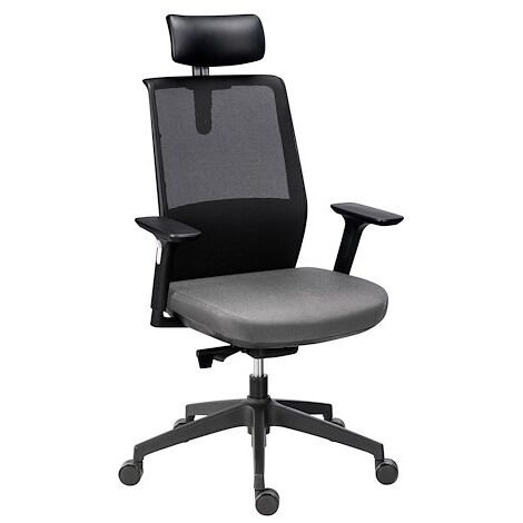 Chaise de bureau Prega tissu et maille gris - dossier haut - appui-tête - accoudoirs 3D - soutien lombaire - mécanisme synchrone - Maxiburo