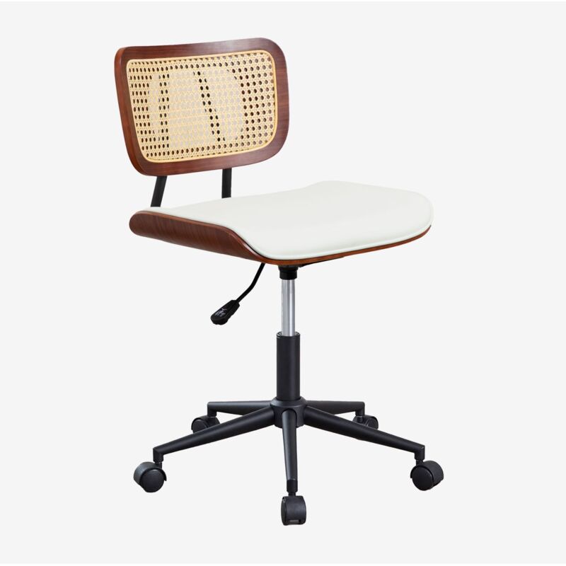 Chaise de bureau Raysa à roulettes en bois, rotin et similicuir Sklum