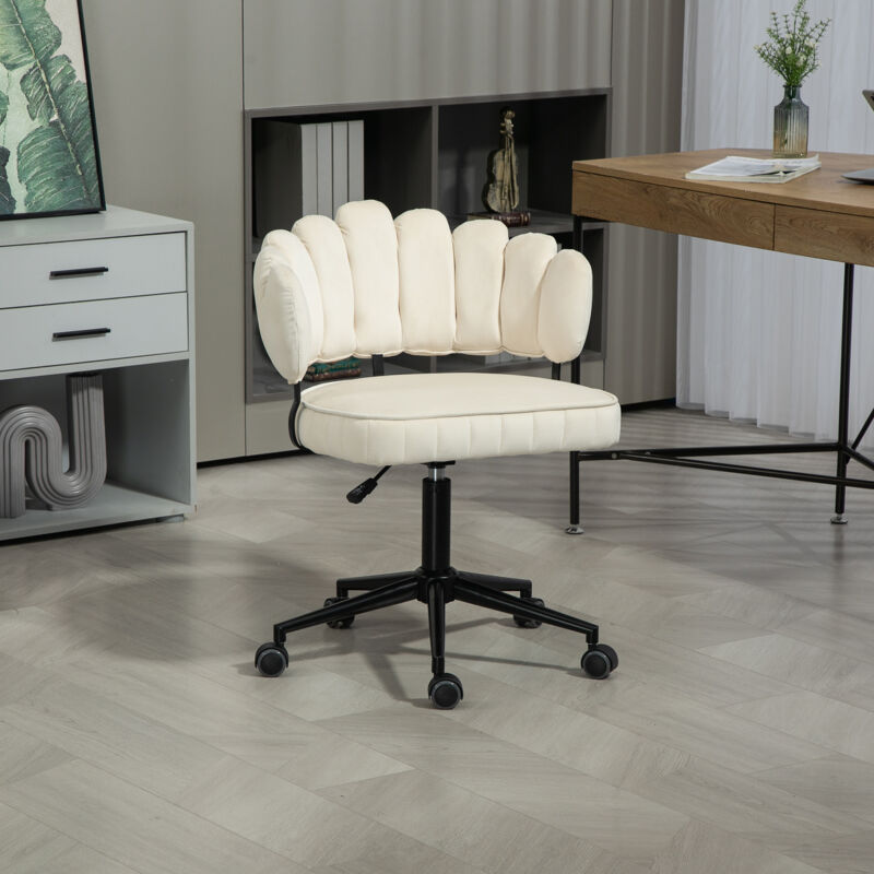 Chaise de bureau roulante et rotative à 360°, réglable en hauteur, dossier creux, velours, charge de 150 kg - beige