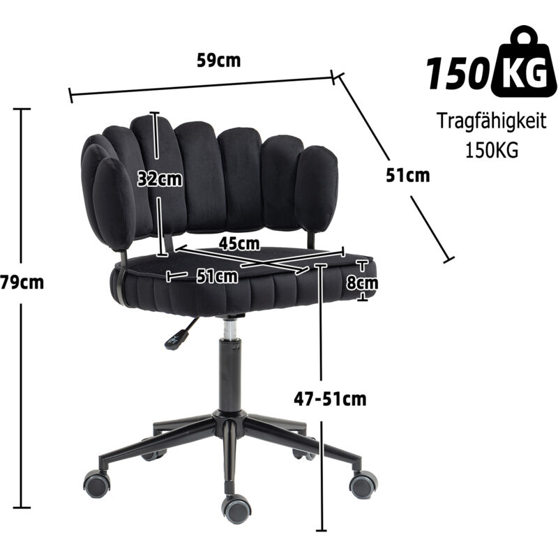Chaise de bureau roulante et rotative à 360°, réglable en hauteur, dossier creux, velours, charge de 150 kg - noir