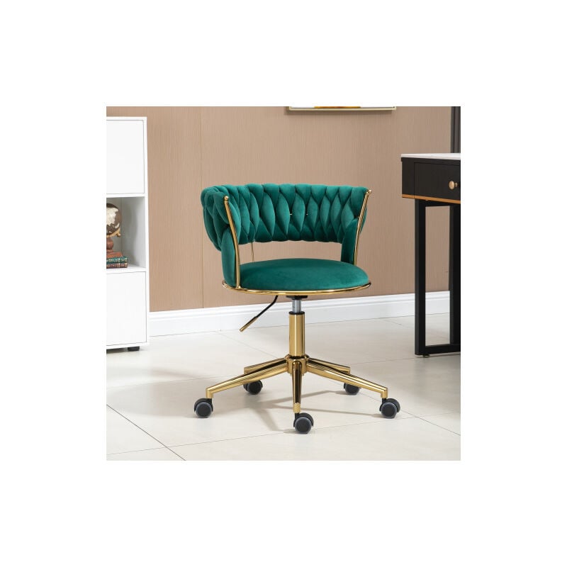 Chaise de bureau en velours, chaise de bureau à roulettes réglable, dossier tissé à la main, vert