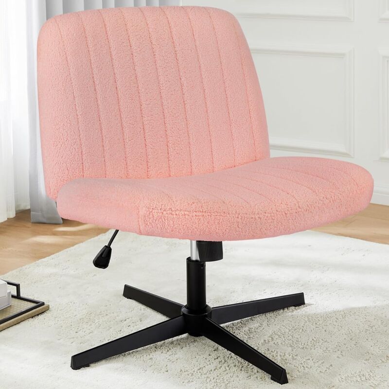 Chaise de bureau, chaise à pieds croisés réglable en hauteur, chaise pivotante à 360° en peluche (rose)