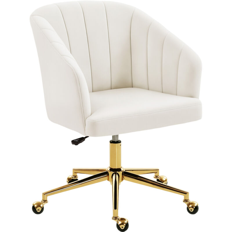 Chaise de bureau simili-satin rembourrée mousse hauteur réglable roulante base acier crème