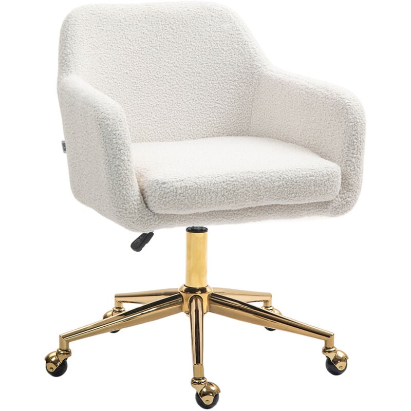 Chaise de bureau style Art déco piètement acier doré assise dossier accoudoirs enveloppant effet laine bouclée crème