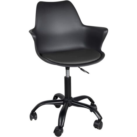 Chaise de bureau style rétro vintage, assise rembourrée en similicuir, accoudoirs intégrés, hauteur réglable, pivotante à 360°, pieds en métal avec roulettes souples style moto (noir)