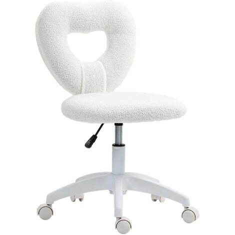 Chaise de Bureau Velours Teddy avec Dossier Cœur, Pivotante, Hauteur Réglable, Roulettes, Blanc