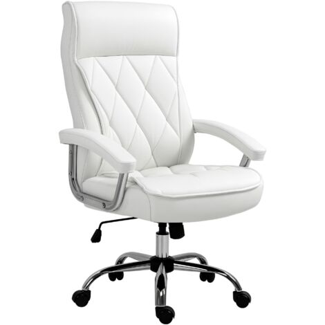 Chaise de Bureau Vinsetto Ergonomique, Chefsessel Blanc, Cuir PU, Pivot 360°, Hauteur Ajustable, Wipp, Rautenmuster
