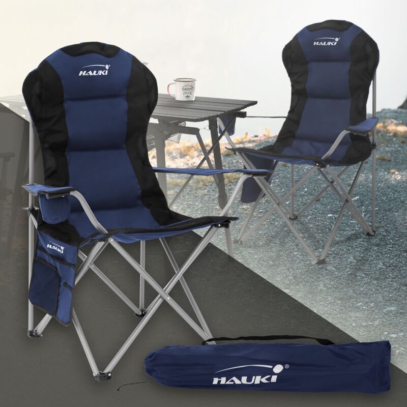 Chaise de Camping Pliable, Bleu, Chaise de Pêche avec Porte-Boisson et Sac de Transport, jusqu'à 150kg, Extra Large, Chaise Longue Rembourrée,