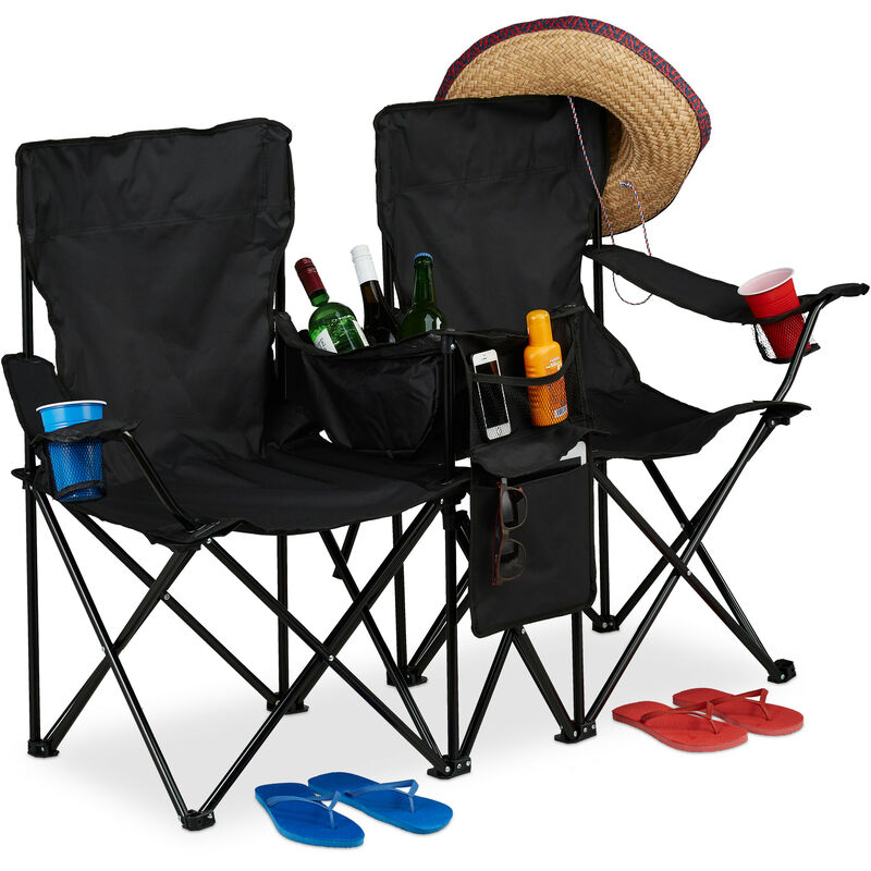 Chaise de camping double, Fauteuil de jardin 2, Pliable, Glacière, Rangement porte-boissons, noir - Relaxdays