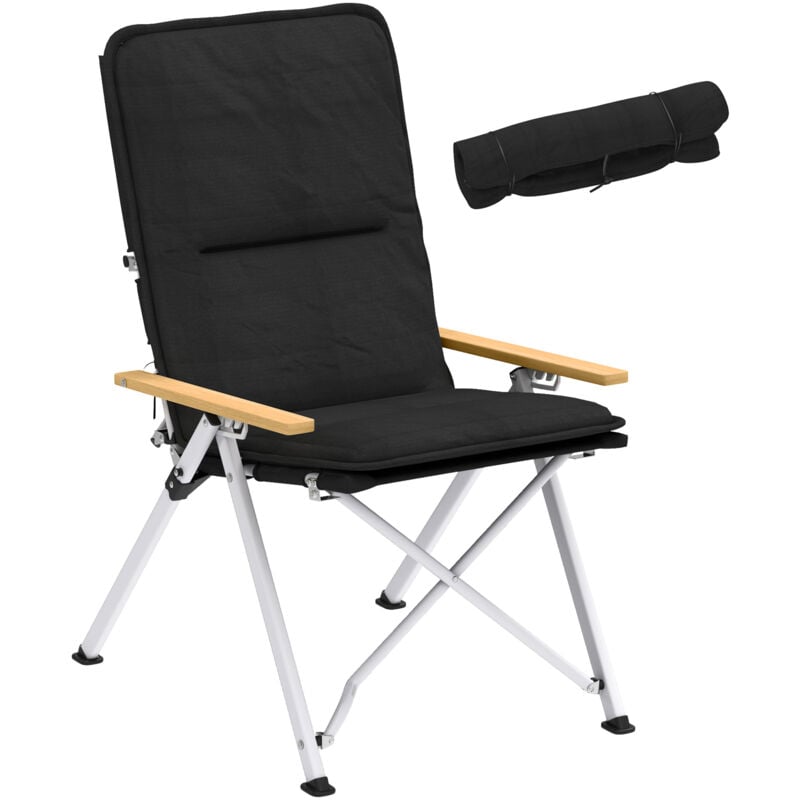 Chaise de camping pêche pliable inclinable 4 niveaux sac transport inclus alu gris bois polyester noir
