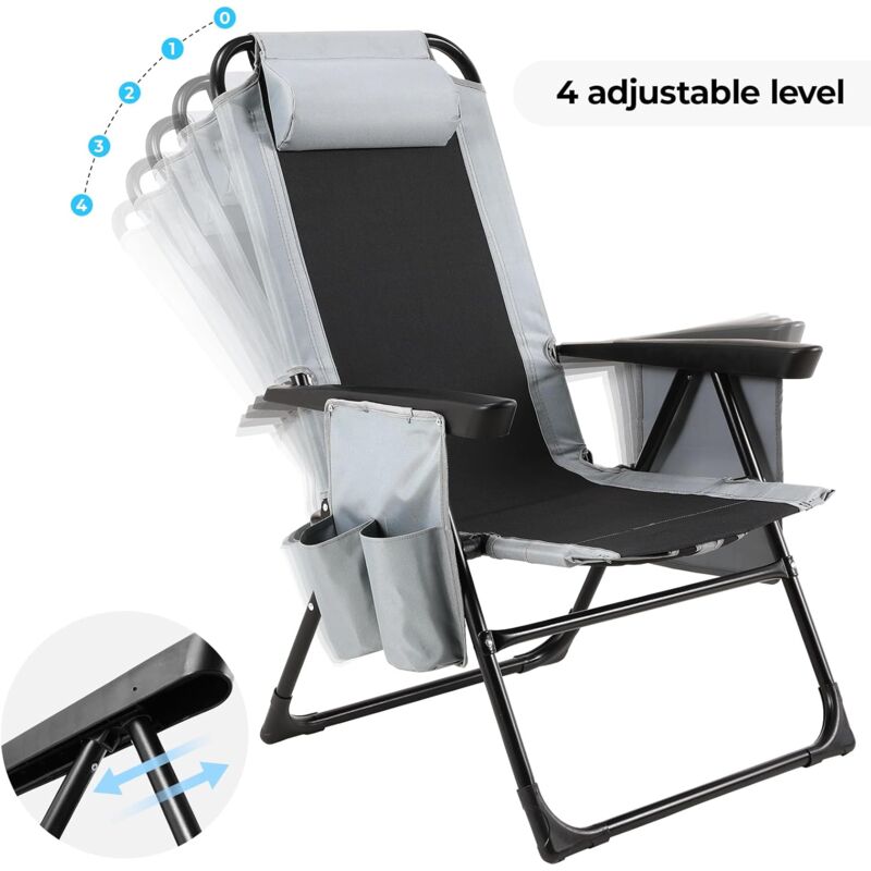 Liferun - Chaise de camping pliable avec bretelles,chaise de plage,chaise de jardin,dossier haut réglable,avec appuie-tête,sac à glace,allongée