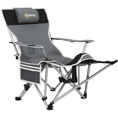 Chaise de Camping Pliable avec Repose-pieds Amovible, Porte-gobelet et Poche Latérale, 82x100x88 cm, Gris