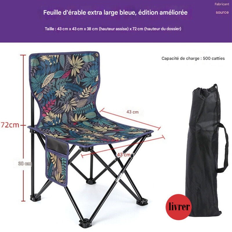Chaise de camping pliable et portable, capacité de charge de 300 kg, avec sac de rangement, chaise pliante, adaptée au jardin, au camping, aux voyages