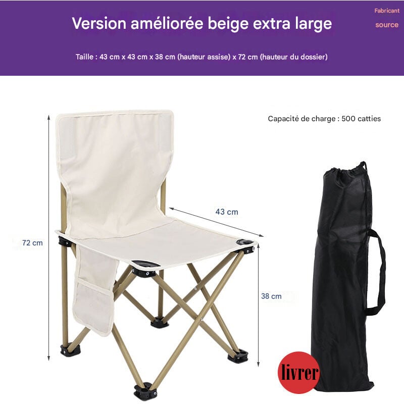 Chaise de camping pliable et portable, capacité de charge de 300 kg, avec sac de rangement, chaise pliante, adaptée au jardin, au camping, aux voyages