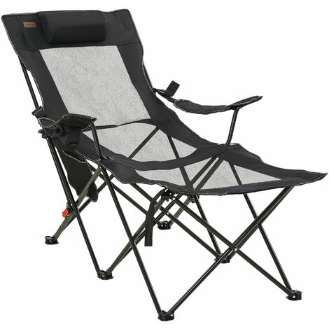 Chaise de camping pliable réglable - repose-pied, porte-gobelets, tétière, pochette, sac transport - noir