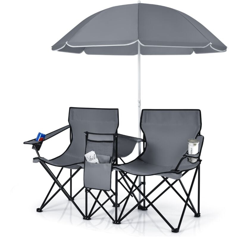 Chaise de Camping Pliante 2 Places Poche Isotherme Porte-gobelet Parasol Portable Plage Pêche Gris CW4102 design in