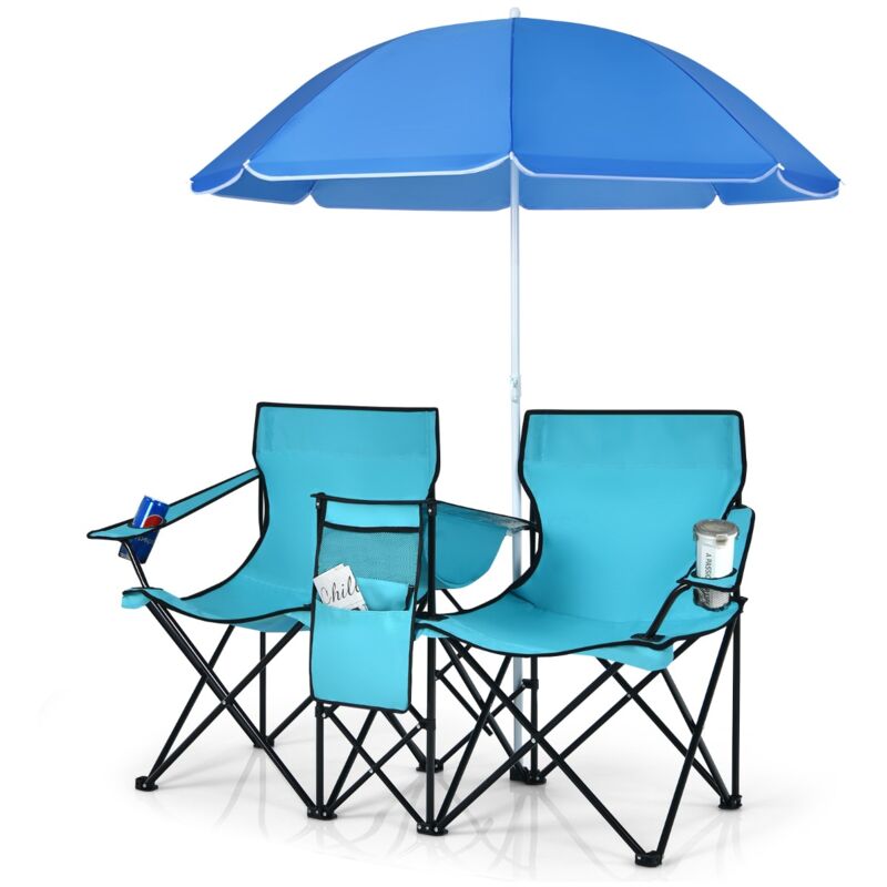 Chaise de Camping Pliante 2 Places Poche Isotherme Porte-gobelet Parasol Portable Plage Pêche Turquoise CW9039 DESIGN IN
