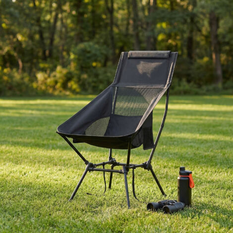 Chaise de Camping Pliante à Hauteur Réglable avec Dossier Haut, Appui-Tête, Cadre en Acier, 2 Poches, Noir