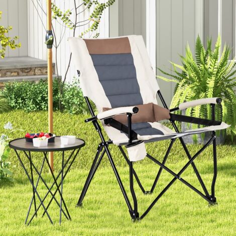 Chaise de Camping Pliante avec Dossier Haut Coussin Lombaire Charge 150KG Fauteuil de Camping pour Plage Pêche Pique-Nique Marron+Beige
