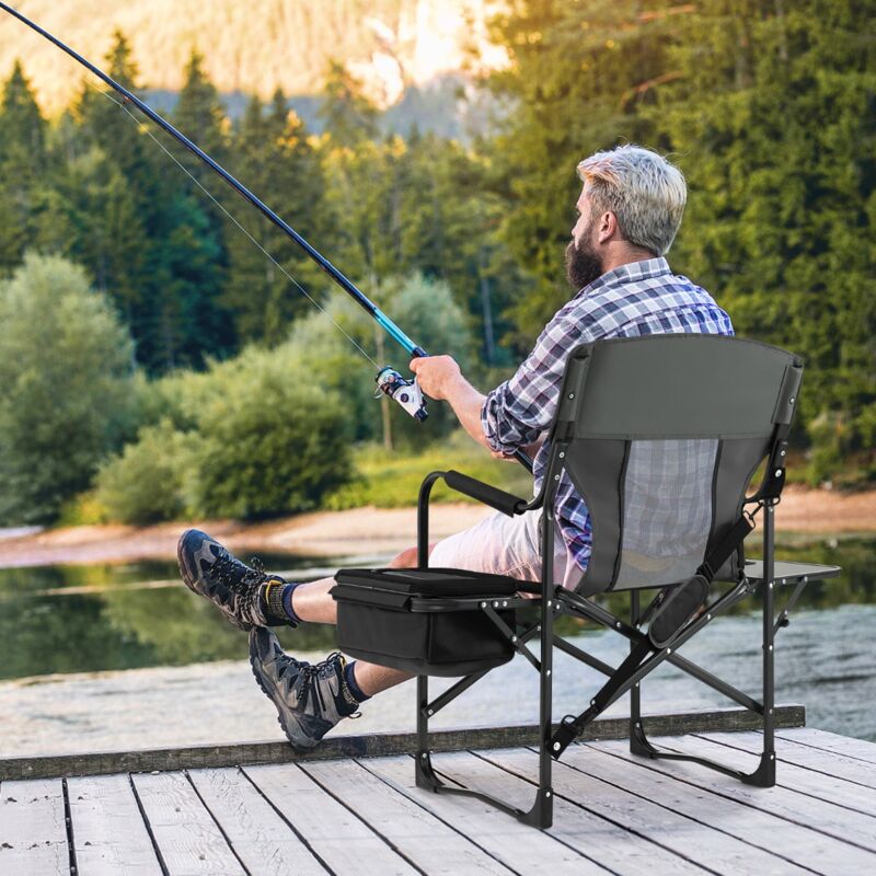 Chaise de Camping Pliante avec Table Latérale et Sac Isotherme Charge 180KG Sac de Rangement Sangle Portable Noir design in