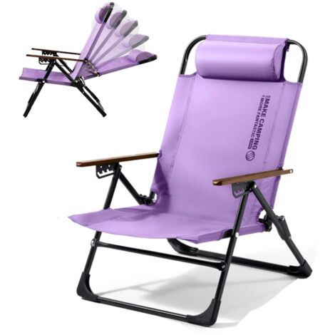 Chaise de camping pliante, chaise longue portable avec accoudoirs réglables et coussin amovible, idéale pour la plage, les voyages et la randonnée.