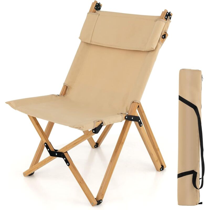 Costway - Chaise de Camping Pliante en Bambou Charge 150KG Dossier Ajustable 48/60CM, Chaise d'Extérieur en Toile Légère Sac de Transport, Naturel