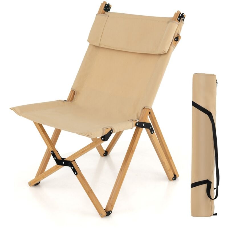 Chaise de Camping Pliante en Bambou Charge 150KG Dossier Ajustable 48/60CM Toile Légère Naturel CW89917