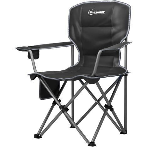 Chaise de camping pliante portable avec porte-gobelets, poches latérales et sac de transport, noir