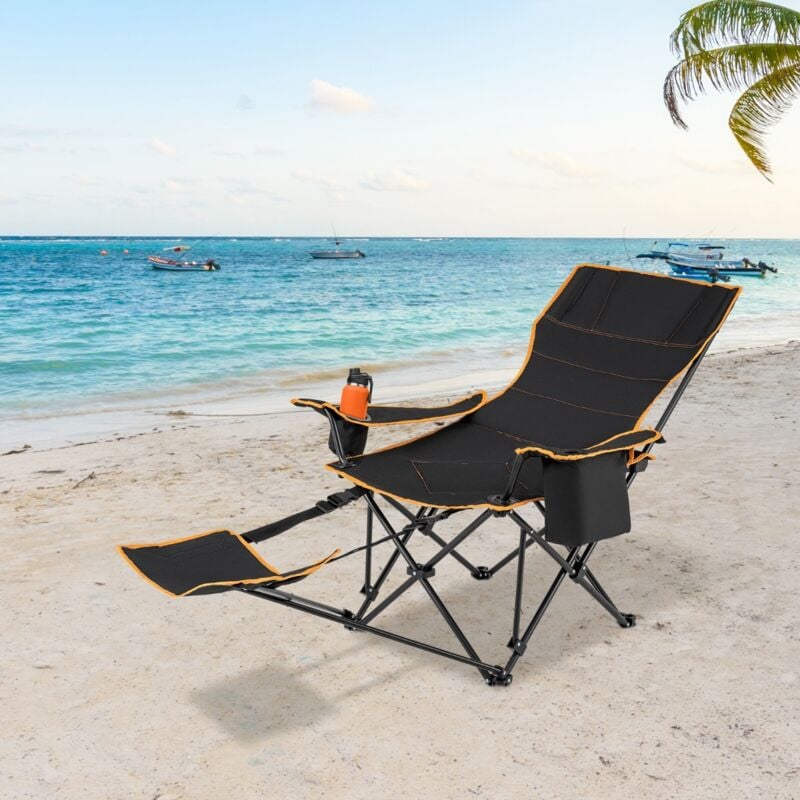 Chaise de Camping Pliante Portable Inclinable 2-en-1 Repose-Pieds Amovible Dossier Réglable Noir CW60789