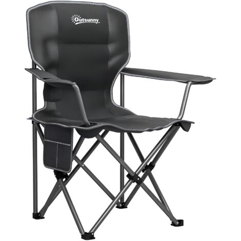 Chaise de camping pliante portable noire, avec porte-gobelet, poches latérales et sac de transport, idéale pour randonnée, pique-nique et plein air.
