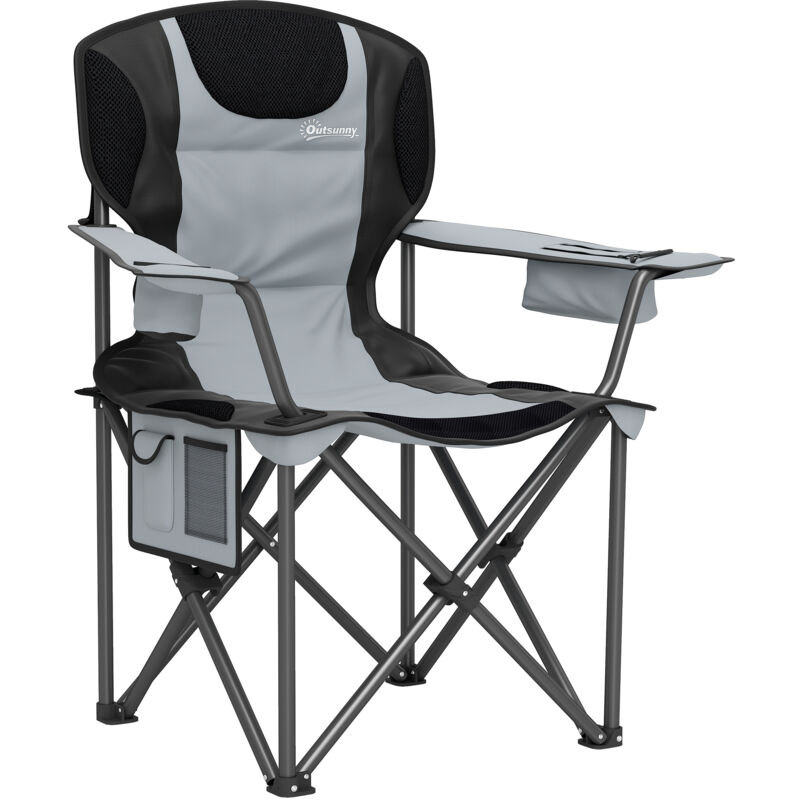 Chaise de camping pliante rembourrée - porte-gobelets, poches latérales rangement, sac isotherme - sac transport inclus - gris noir