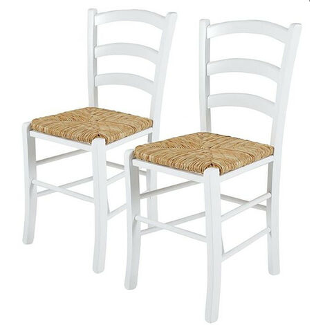 Chaise de cuisine bois blanc et assise en paille Lausane - Lot de 2
